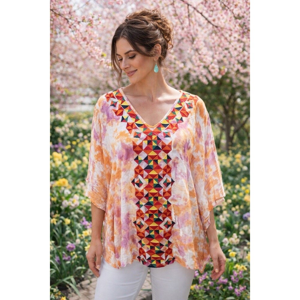 Savanna Jane Kaftan Blouse size M/L Oversized Embroidery Multicolor Bohemian